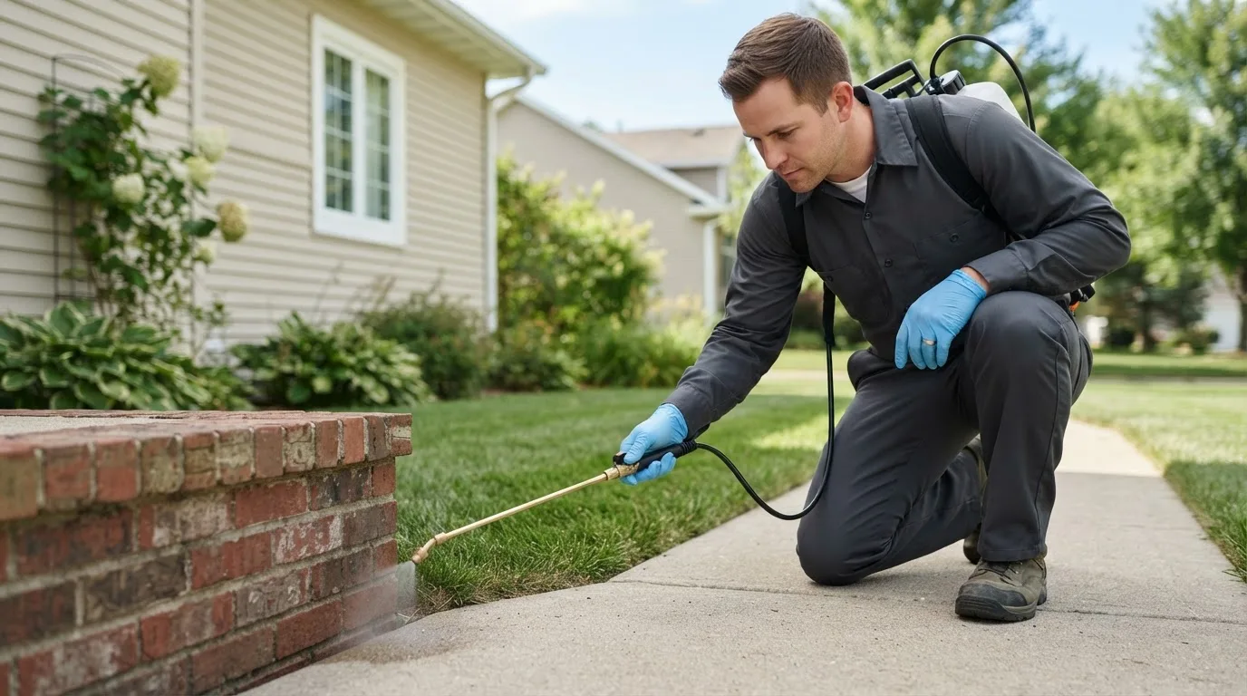 Pest control technician treating a home near Kensington, NH