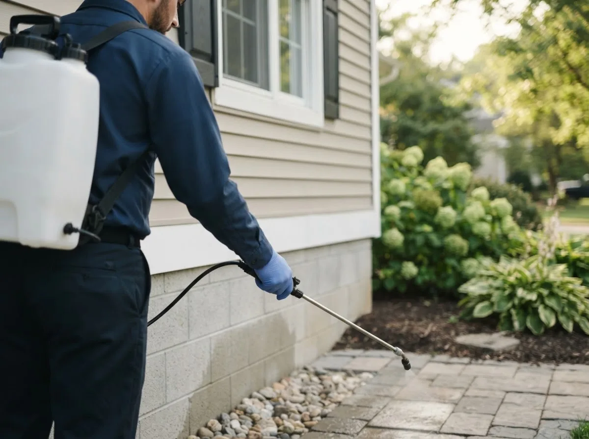 Pest control technician inspecting a home in Kensington, NH